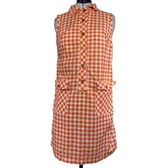 Handmade Orange and White Gingham Sleeveless Shift Dress with Pockets Size XL - Picture 1 of 4